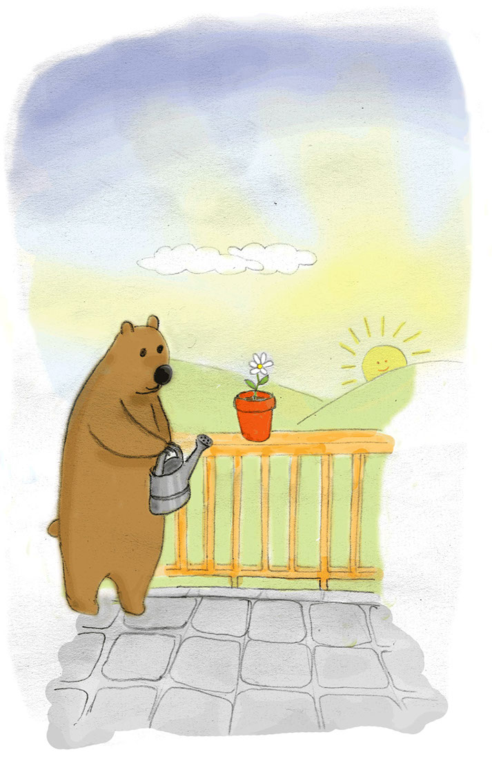 Illustration of a bear watering a daisy