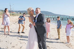 Bride and Groom and their children at Safety Beach, Mornington Peninsula, Vic. © Erika's Way Photography